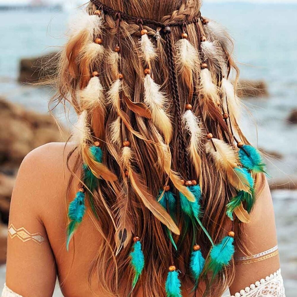Boho Feather Headband Gypsy Headdress for Women Adjustable Hair Accessory